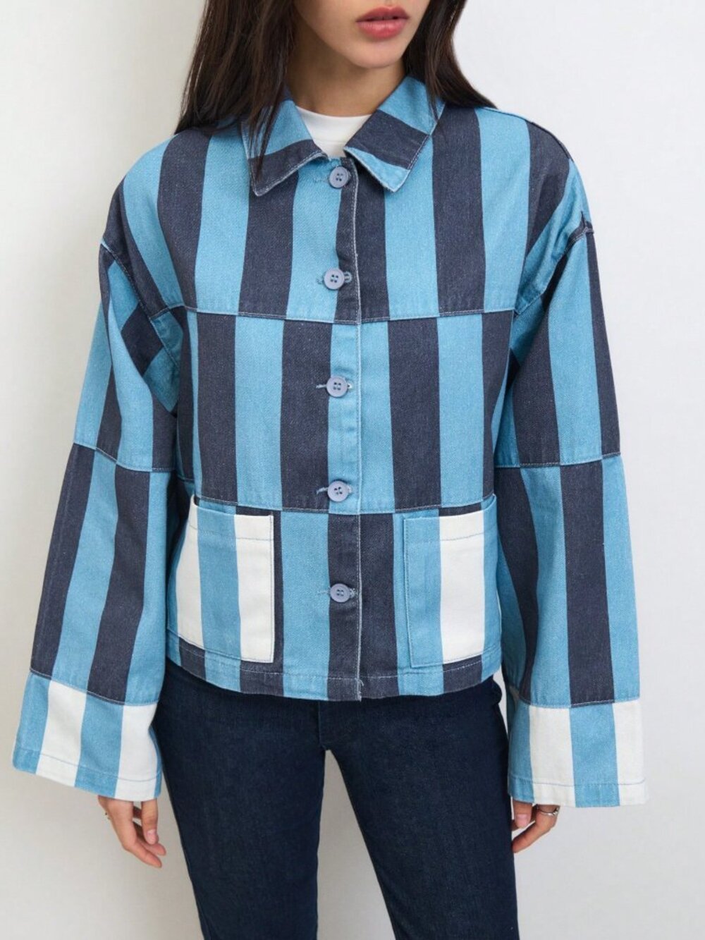 Blue Casual Women's Striped Cropped Jacket with Contrast Patch Pockets - Picture 4 of 8